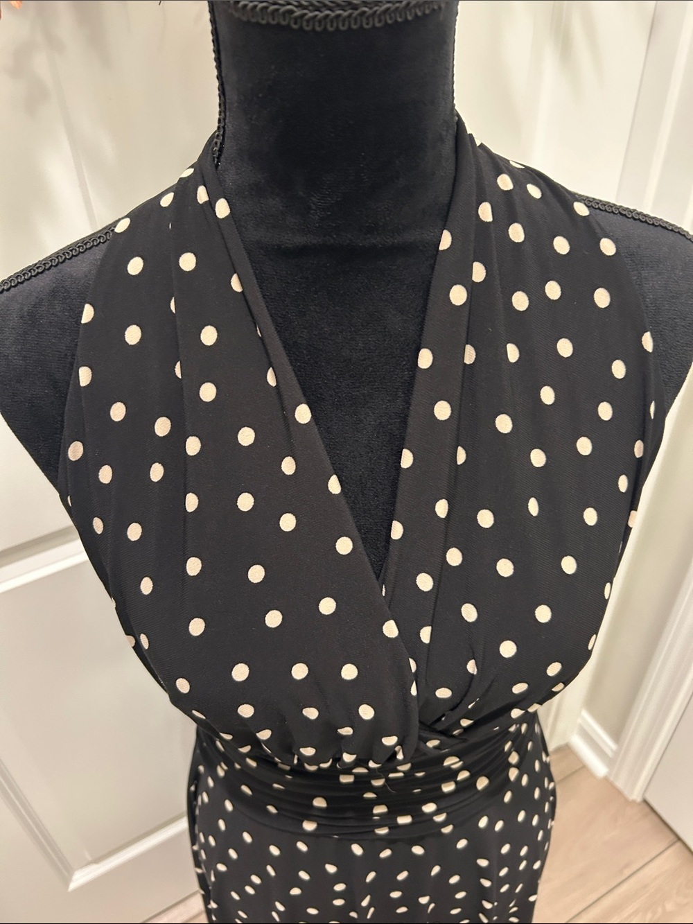 Black With Cream Polka Dot Halter Midi Dress Size 6 by Van Picone - Picture 4 of 12